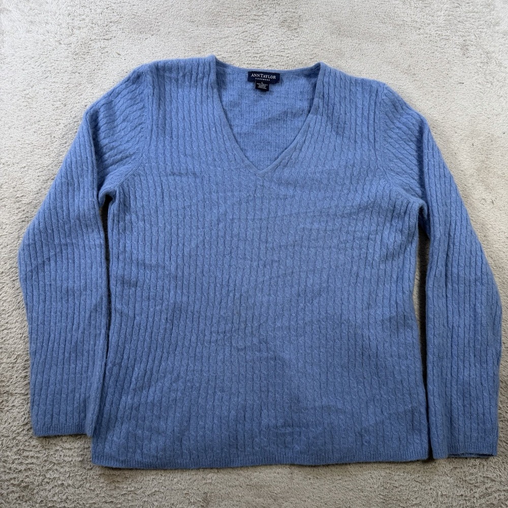 Ann Taylor Sweater Womens Large Blue 100% Cashmere V-Neck Cable Knit 2 Ply